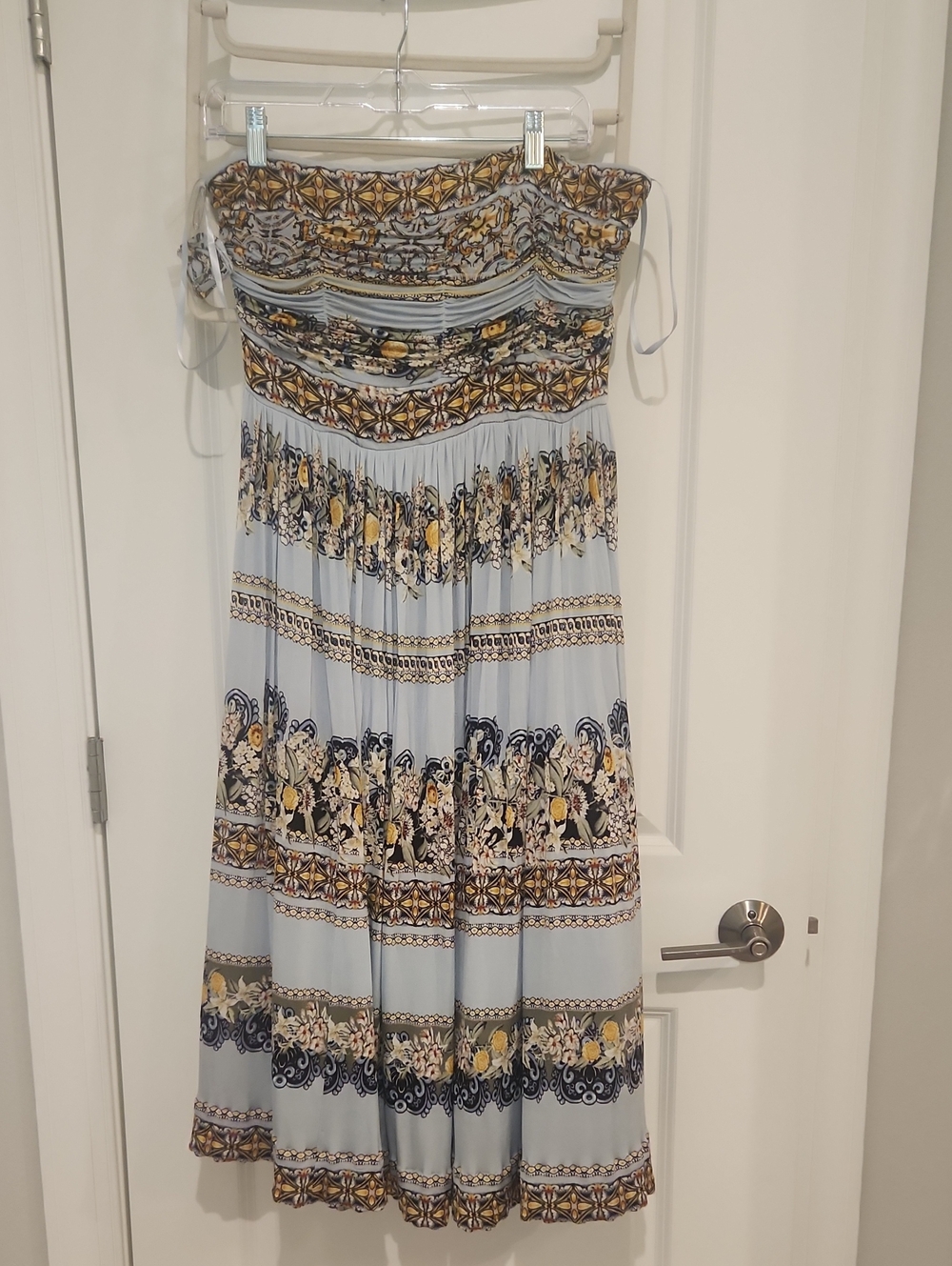 White House Black Market Light Blue Strapless Floral Border Maxi Dress